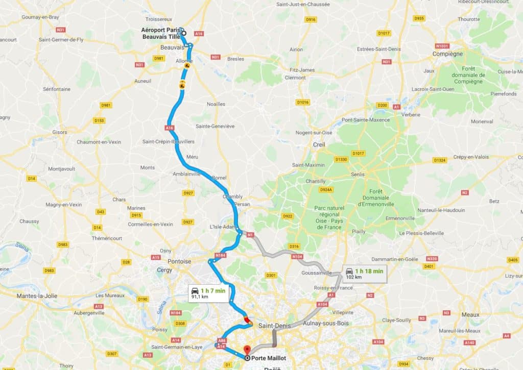 Letiště Beauvais-Paříž - mapa trasy