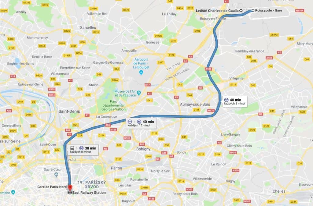 Mapa trasy z leetiště Charles de Gaulle do centra Paříže