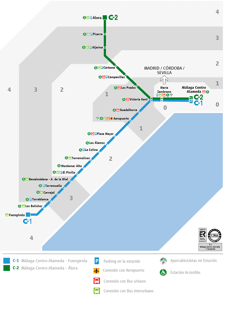 Mapa příměstských vlaků C1 a C2 Málaga