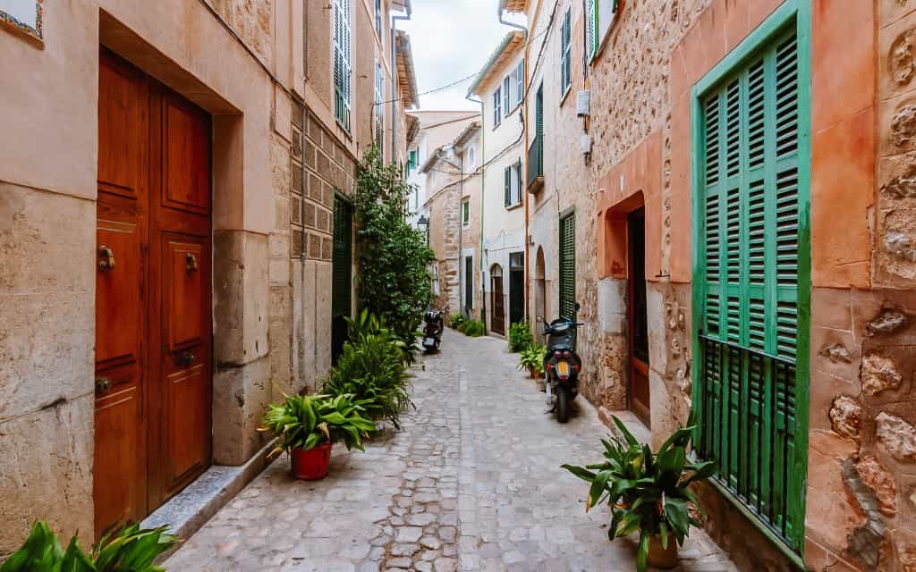Narrow and cobbled street in Soller, Mallorca  