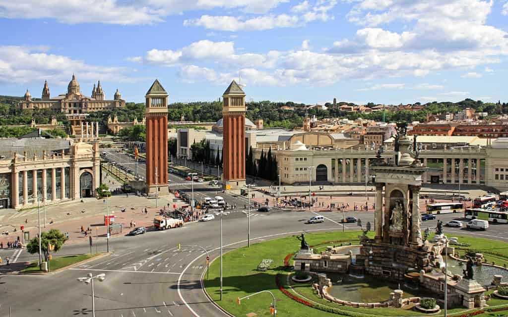 View of Plaça d'Espanya from the Arenas de Barcelona - the Venetian towers and Montjuïc behind them