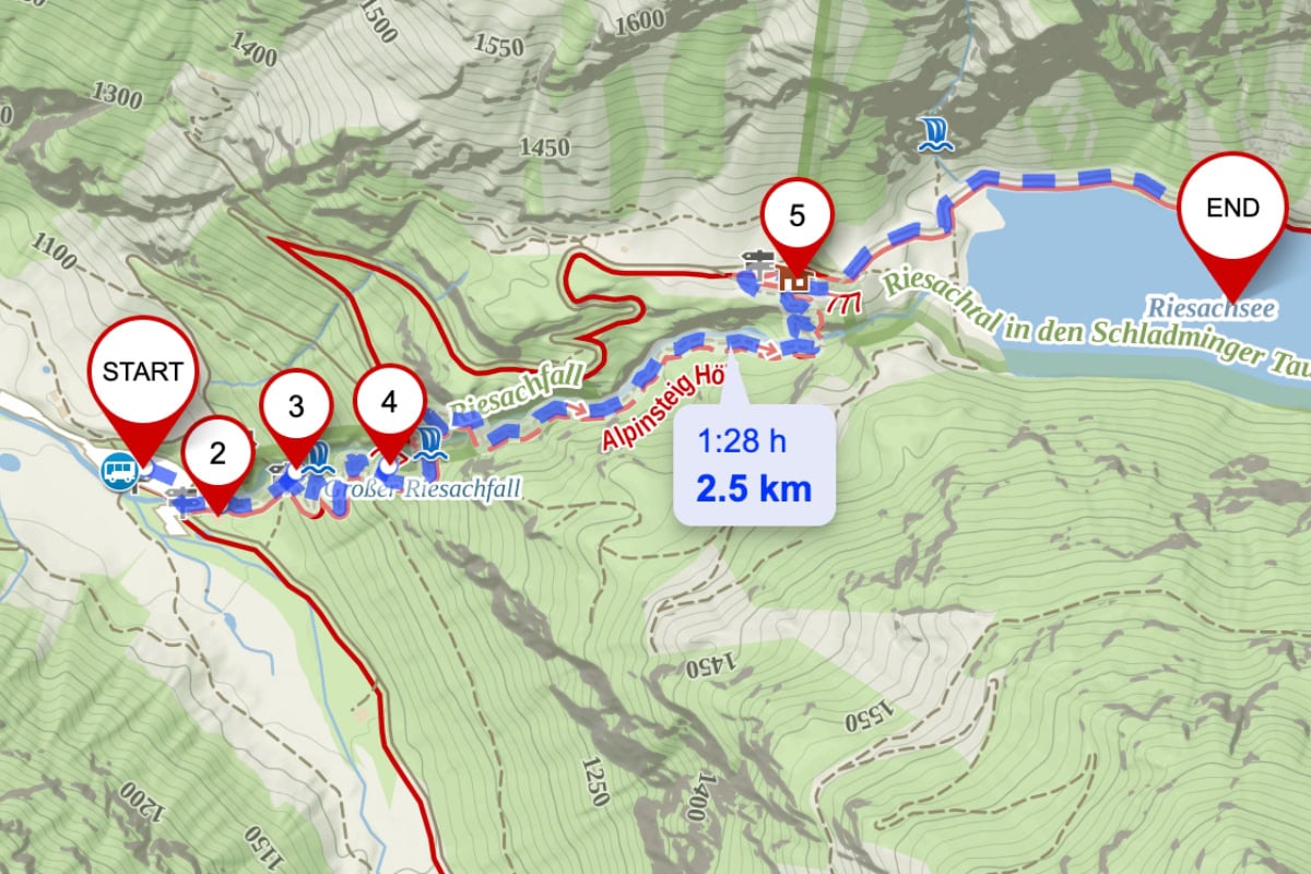 mapa trasy k vodopádům Riesachfälle a jezeru Riesachsee Dachstein - Schladming