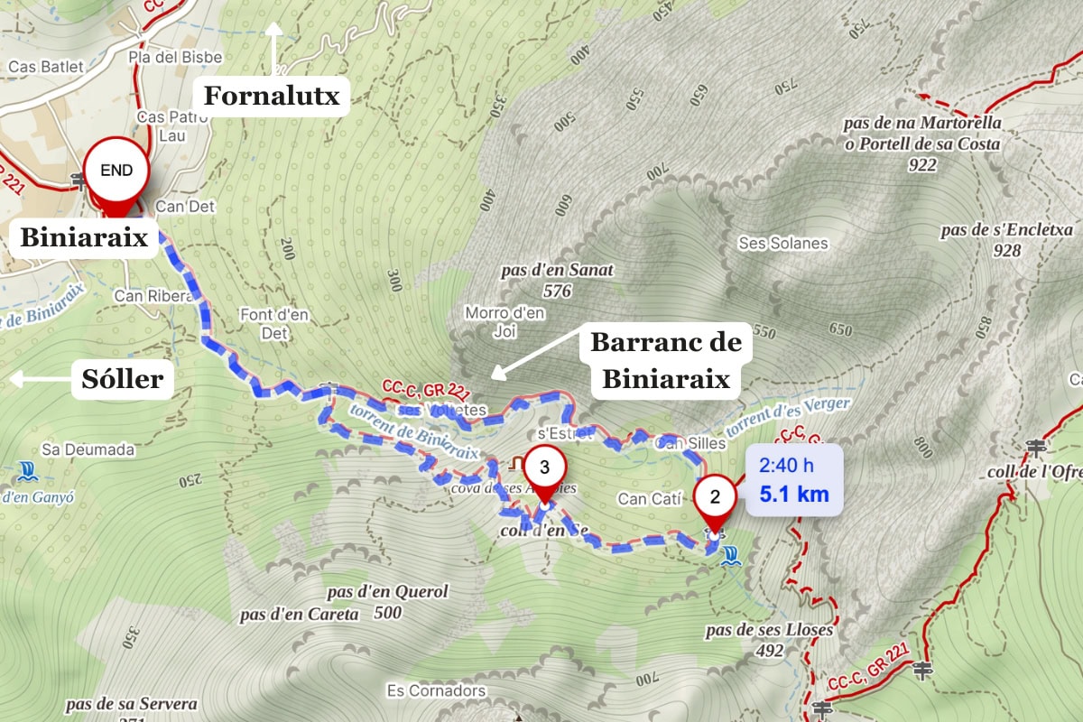 mapa soutěska Biniaraix / turistika Mallorca
