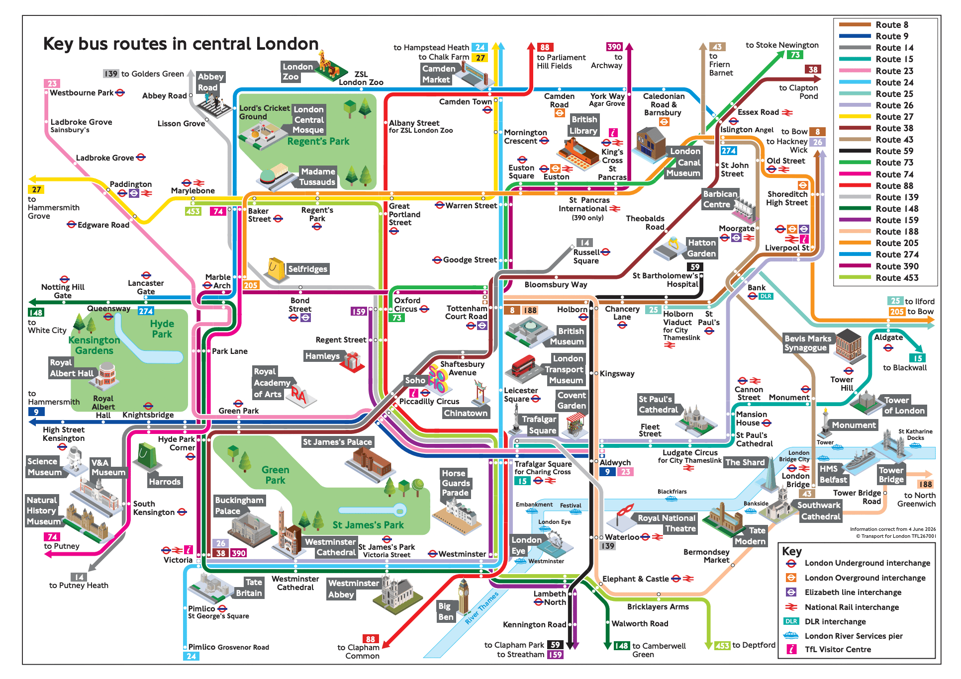 Mapa autobusů v Londýně a hlavní atrakce poblíž